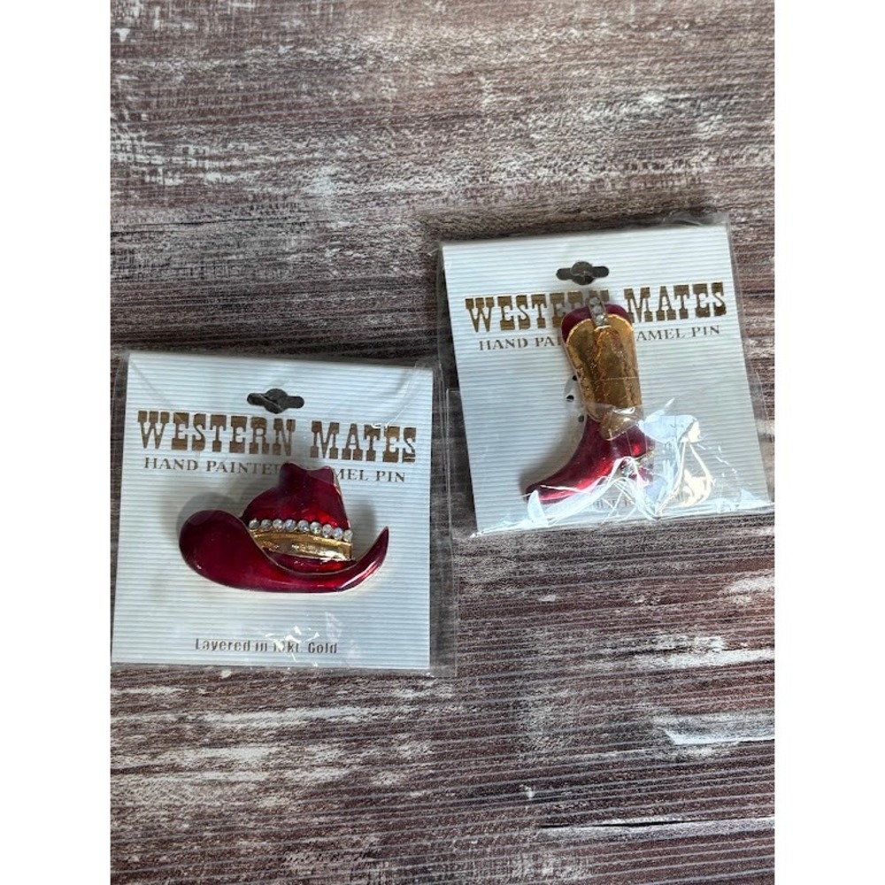 Western Mates Cowboy Boot & Hat Pin Set Hand‎ Painted Enamel 18K Gold Layered